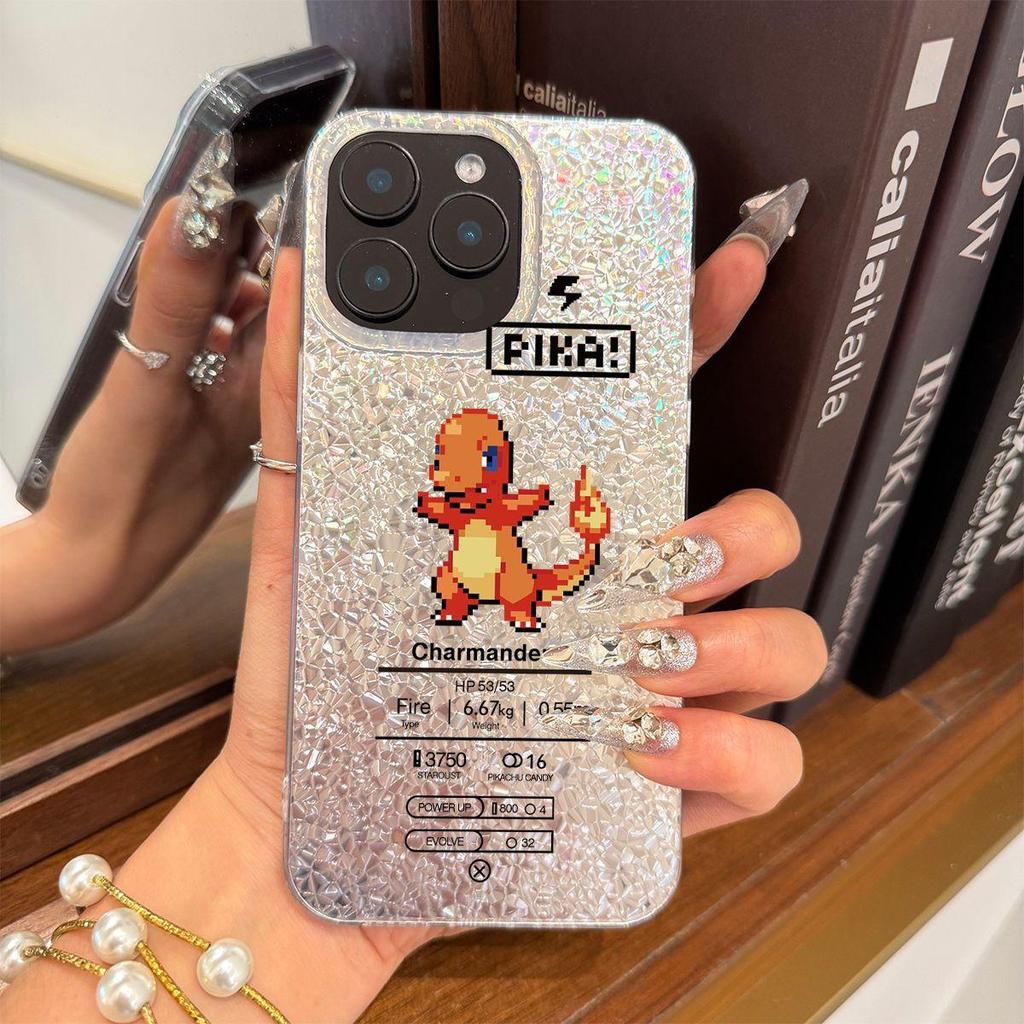 Case for iphone 13 14 15 18 Pro Max XR XS Max 16 Plus 12 17 Pro 11 Air Silver Glitter Crackle Background Charmander Breathing Fire