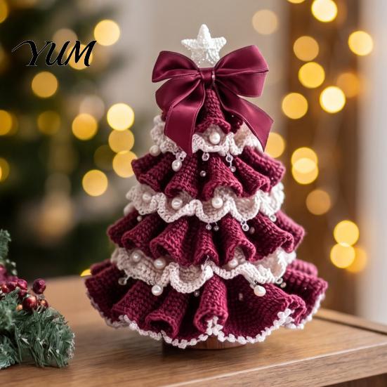 Crochet Christmas Tree Kit for Beginners DIY Kit, Beginner-Friendly Xmas Craft with Bow Plush Holiday Desktop Decoration And Faux Pearl Embellishment,