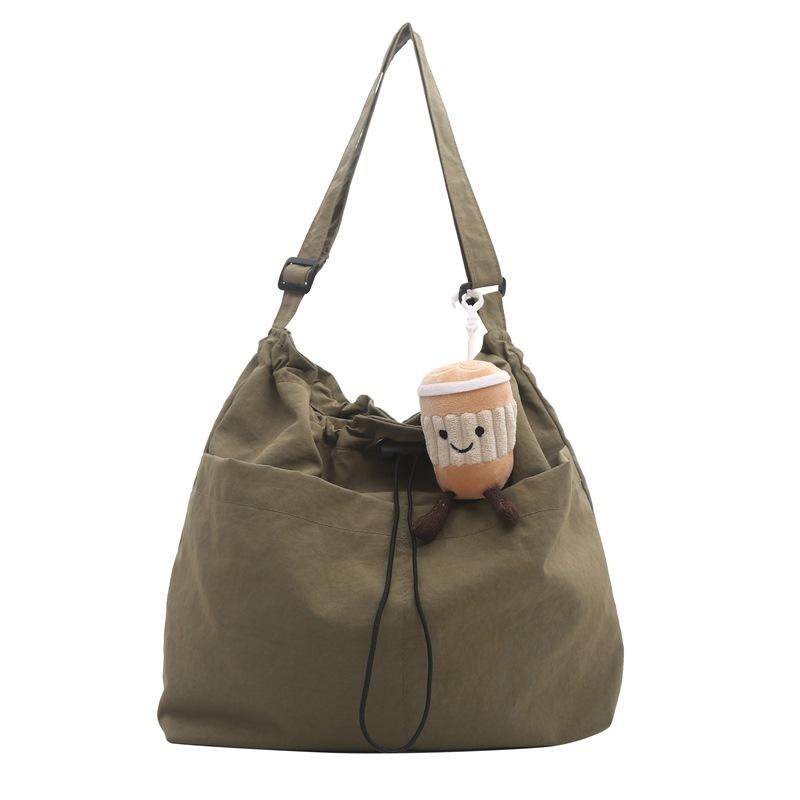 1Pc Large Capacity Waterproof Nylon Cloth Drawstring Pleated Shoulder Bag Travel Leisure Messenger Bucket Bag