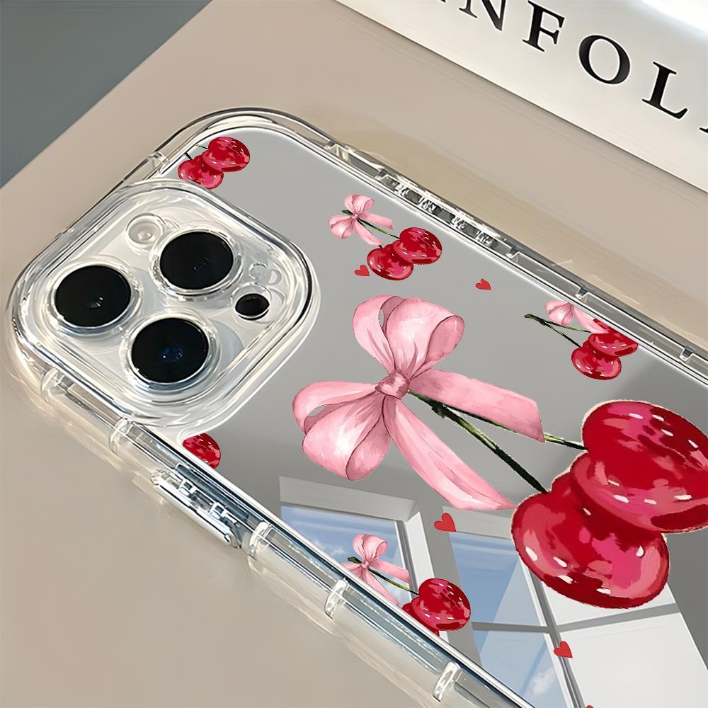 Cute Cherry Bow Pattern Back Mirror Phone Case For iPhone 11 12 13 14 15 16 17 Pro Max X XR XS 7 8 Plus 17 Air Shockproof Cover