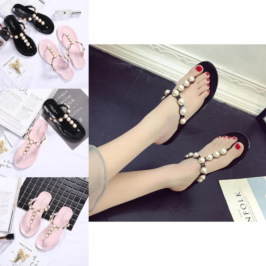 Stilvolle Damen Perlen Flache Strand Flip-Flops Hausschuhe Mit Anti-Rutsch Gemütliches Sandalen Design