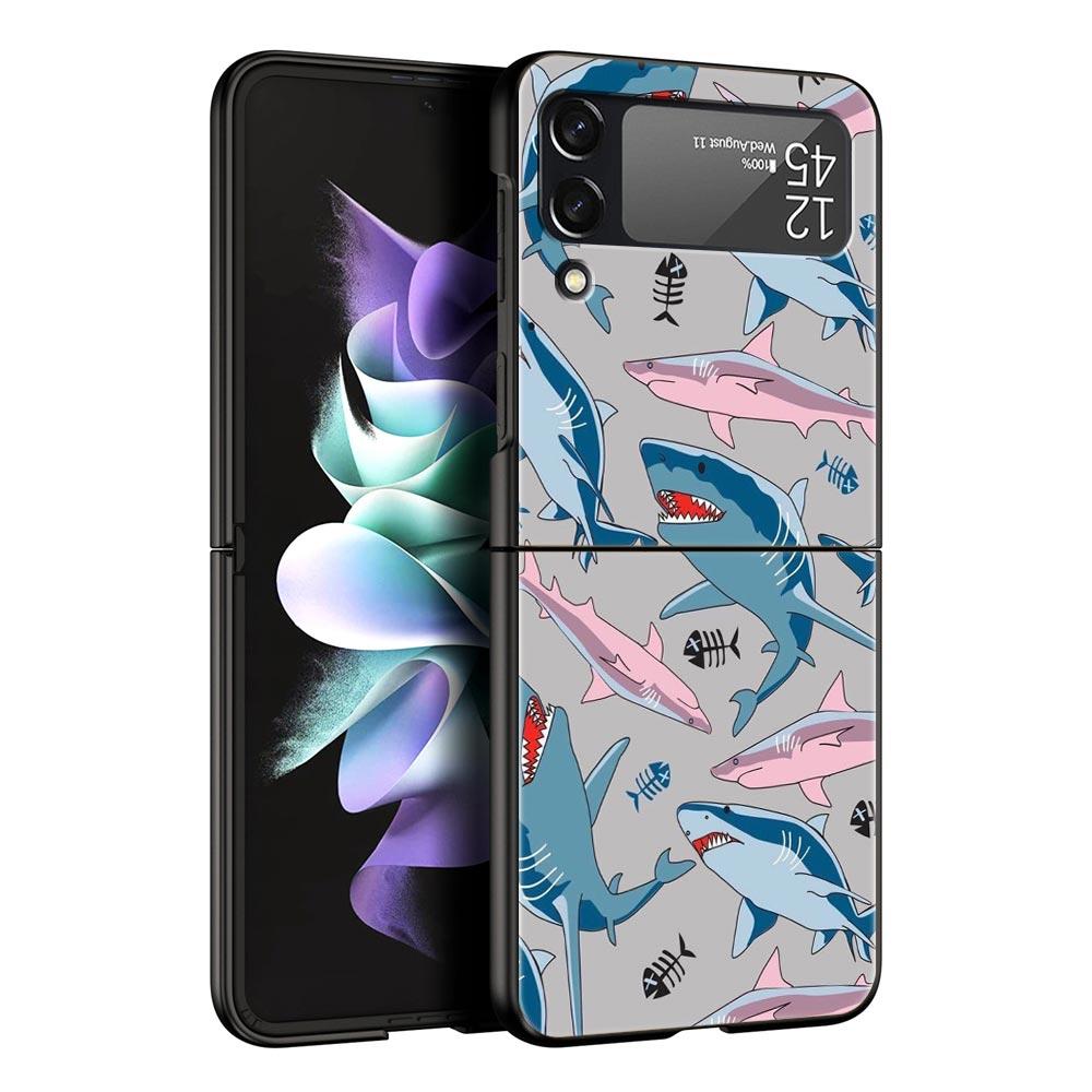 Seaside Sharks Pattern Hard PC Phone Case For Samsung Galaxy Z Flip 7 6 5 4 Black Cover For Galaxy Z Flip 3 Foldable Shell Capas