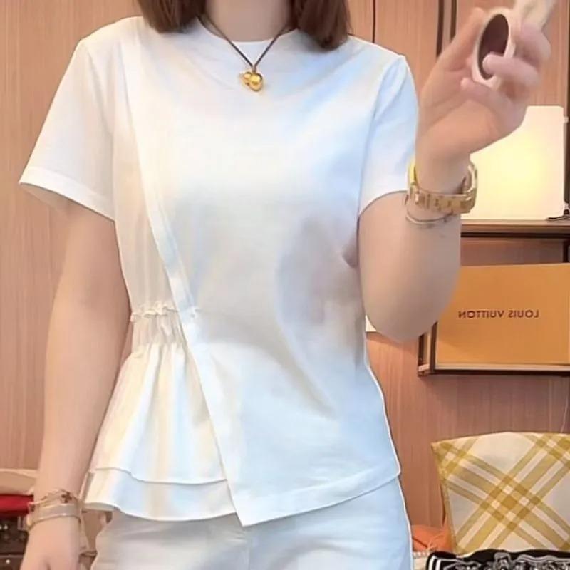 Pure Cotton Large Size Irregular Pleated Round Neck Short-sleeved Summer New Slim Fashion Top for Women