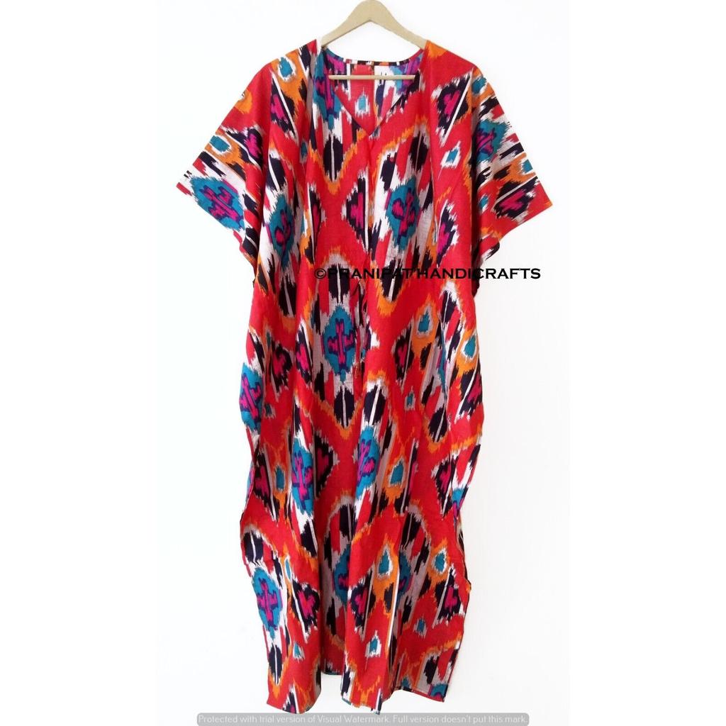 Femei Hippie Bumbac Vară Pijama Imprimeu Ikat Roșu Rochie Lungă Maxi Caftan CKFTN-SCRN-FULL-BUYIT-099
