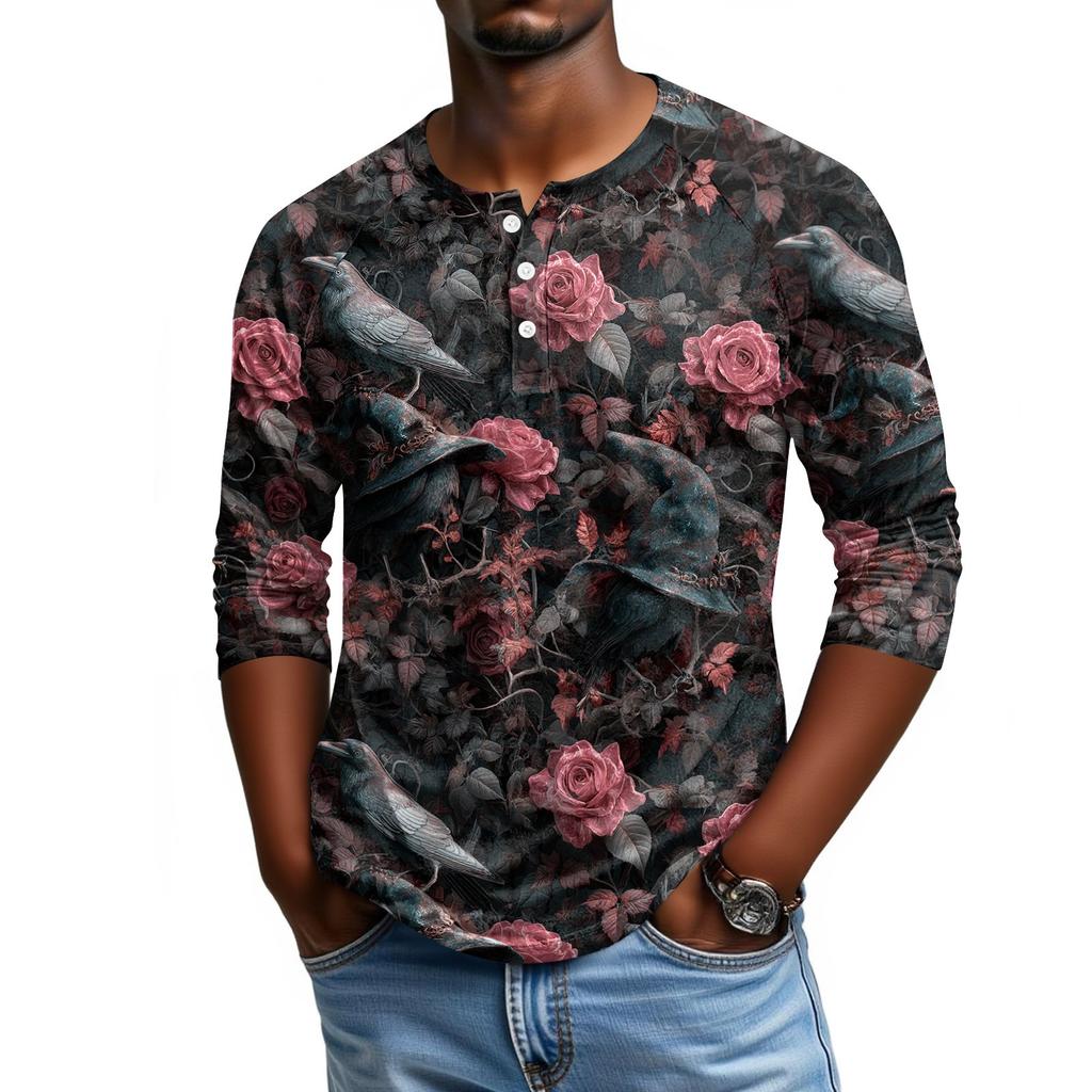 Men Casual Halloween Print Henley Shirt Raglan Sleeve Three Quarter Length Button Front Top for Fall Seasonal Wear
