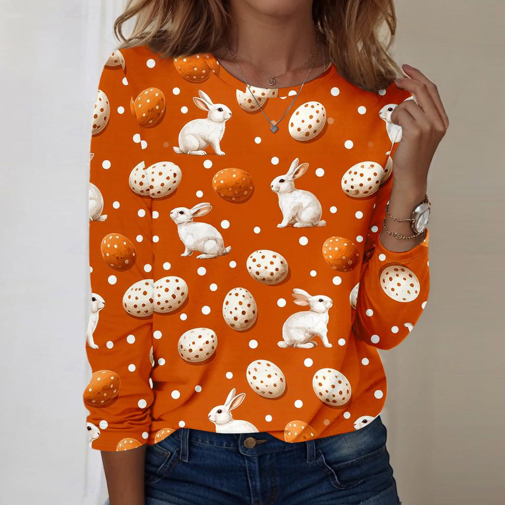 Top casual da donna a maniche lunghe con stampa pasquale e girocollo