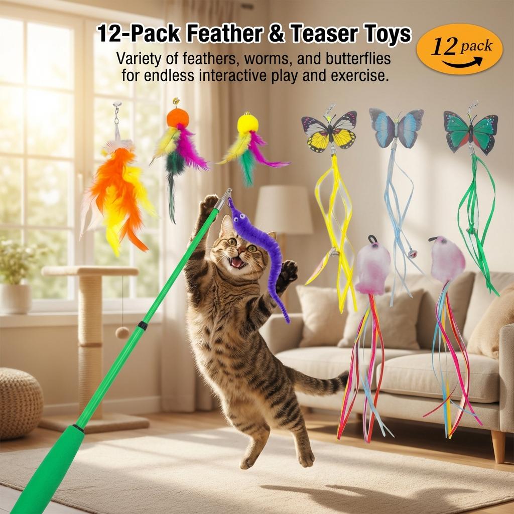 Cat Feathers Teaser Wand Replacement Heads Extendable Design for Pet Entertainment