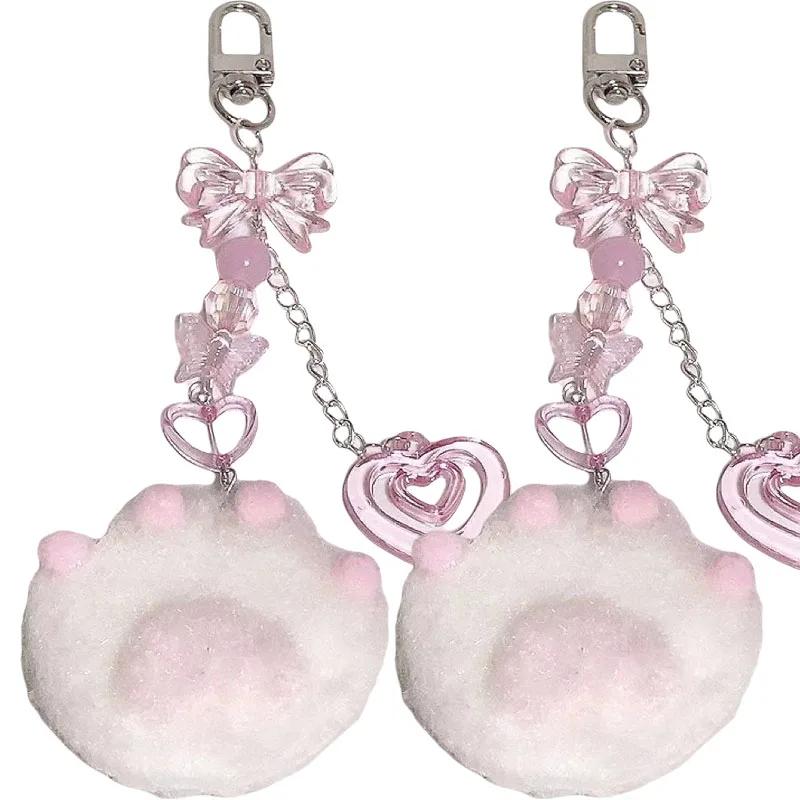 1/2pcs Cute Plush Cartoon Cat Claw Keychain Soft White Pink Key Ring Pendant Backpack Car Pendant Decoration Keyholder Lolita