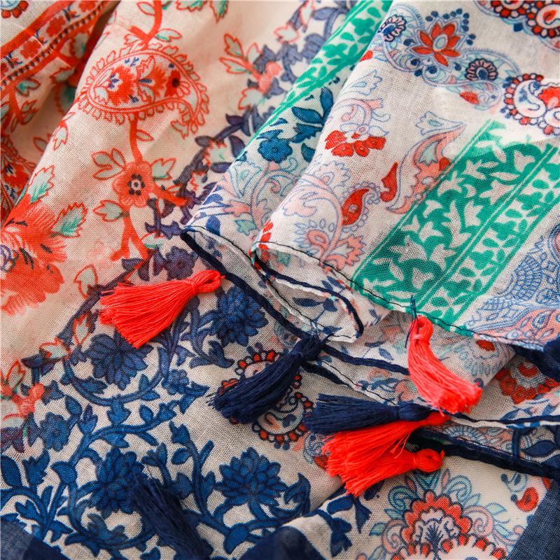 Women's Summer Retro Style Floral Silk Scarf with Colorful Tassels