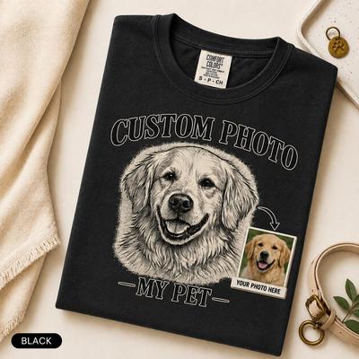 Personalized Dog Portrait Comfort Colors® Shirt, Custom Pet Photo Tee, Sketch Style Dog Face T-Shirt, Personalized Pet Name Gift