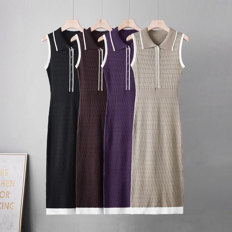Temperament elegant contrasting color lapel short-sleeved dress women's waist simple and thin pit strip long dress women