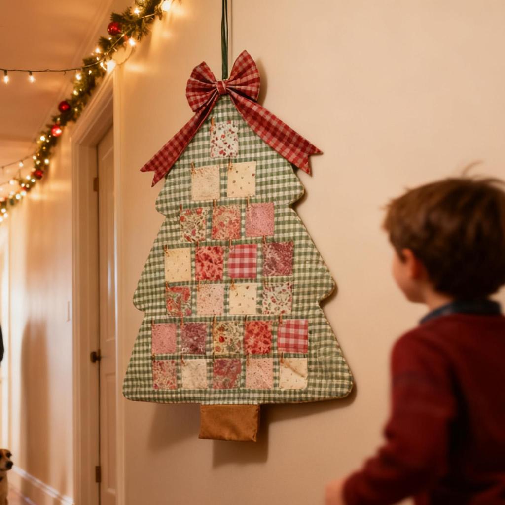 Fabric Christmas Tree Advent Calendar 24-Days Pockets Handmade Patch-work Hanging Countdown Calendar Wall Decorations