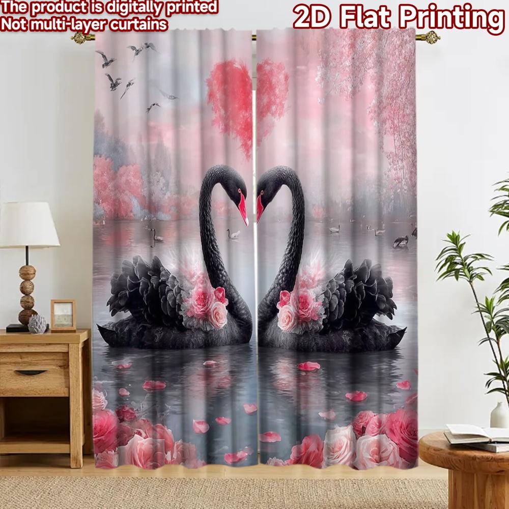 2D flat printing 2pcs Curtain Drapes Valentine's Black Swan Love Digital Printed Polyester Drapes Party Decorations for Indoor