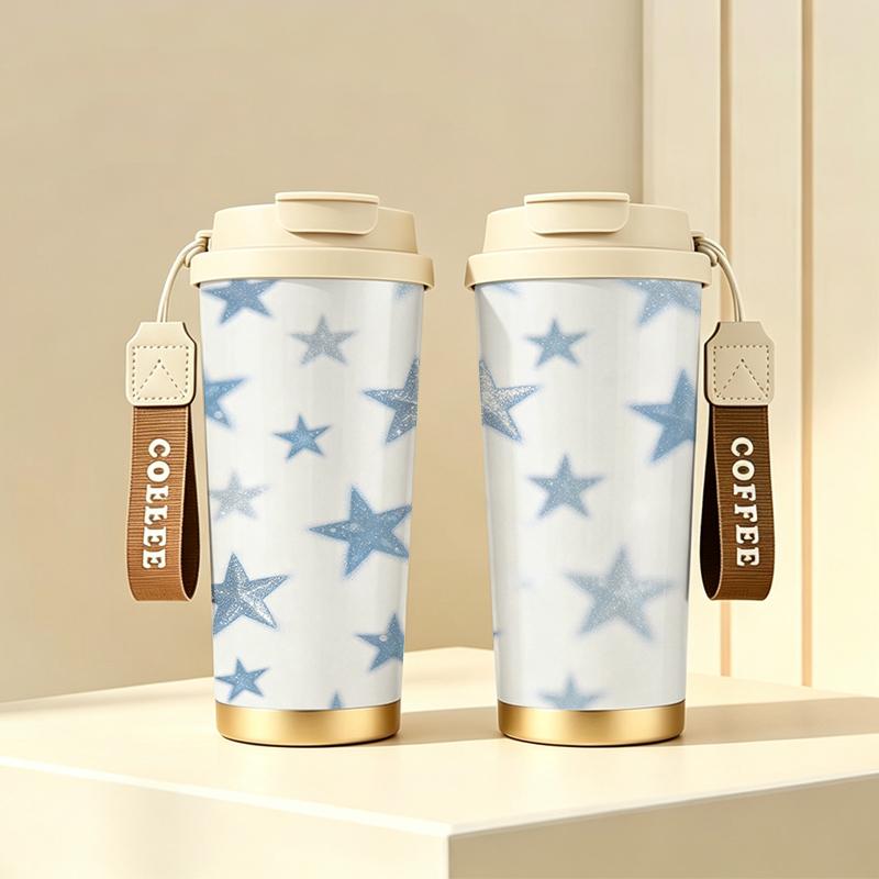 532ml Coffee Mug Glitter Star Motif Commuter Coffee Cup Car Handy Cup Flip Sip Coffee Mug Stainless Steel Coffee Thermos