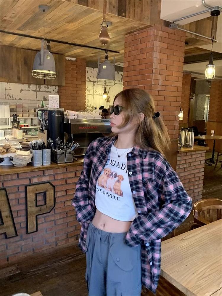 2024 Black & Pink Plaid Women's Shirt - Spring/Autumn Sunscreen Jacket, Korean-Style Niche Design