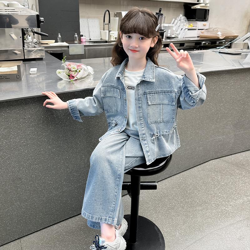 Cowgirl Mode Streetwear Denim Bekleidungsset Jeans und Jacke 2-teiliges Outfit Anzug Kinder Mädchen Freizeit Straßenkleidung Trainingsanzüge