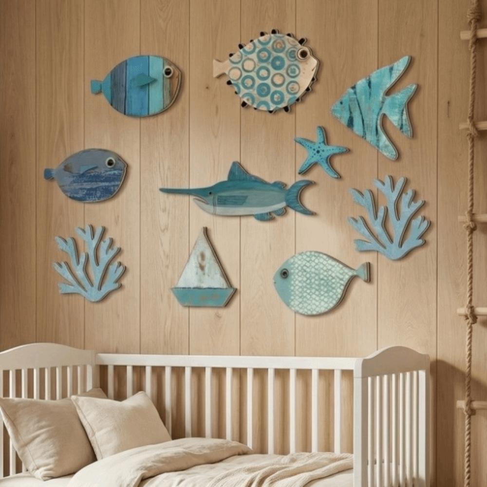 10Pcs Retro Ocean Animal Decoration Wall Art Fish Wall Decor Wooden Decorations  Summer Outdoor
