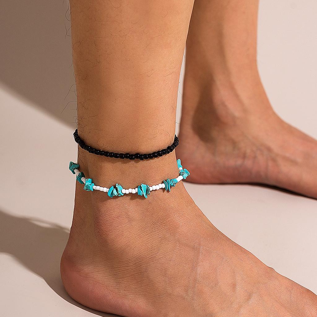 European and American Pine Stone Rice Bead Foot Chain for Men, Simple Beach Double Layered Stacked Foot Rope Versatile Beaded Jewelry Gift