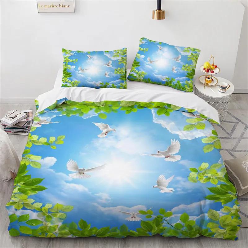 Comforter Blue Sky White Clouds King Microfiber Natural Scenery Flowers Bedding Set Animal Bird Comforter For Girls Teen