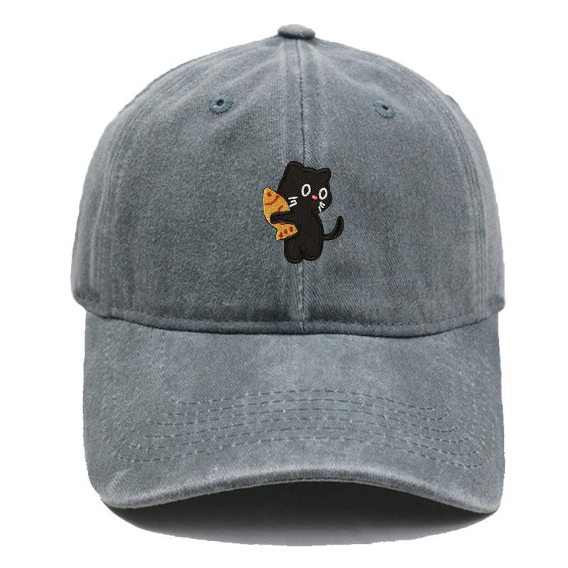Vintage Washed Black Cat Holding Pizza Embroidery Baseball Cap Unisex Adjustable Brim Dad Hat Pet Lover Casual Outdoor Sun Hat