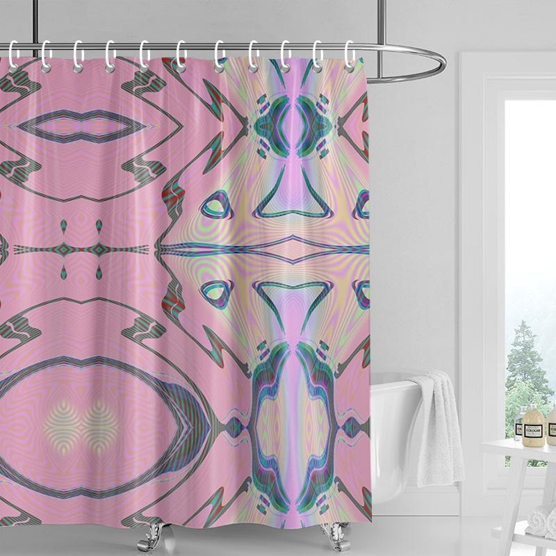 Abstract Symmetrical Shower Curtain-bright Red with Multi-color Geometric Pattern, Modern Bathroom Decoration