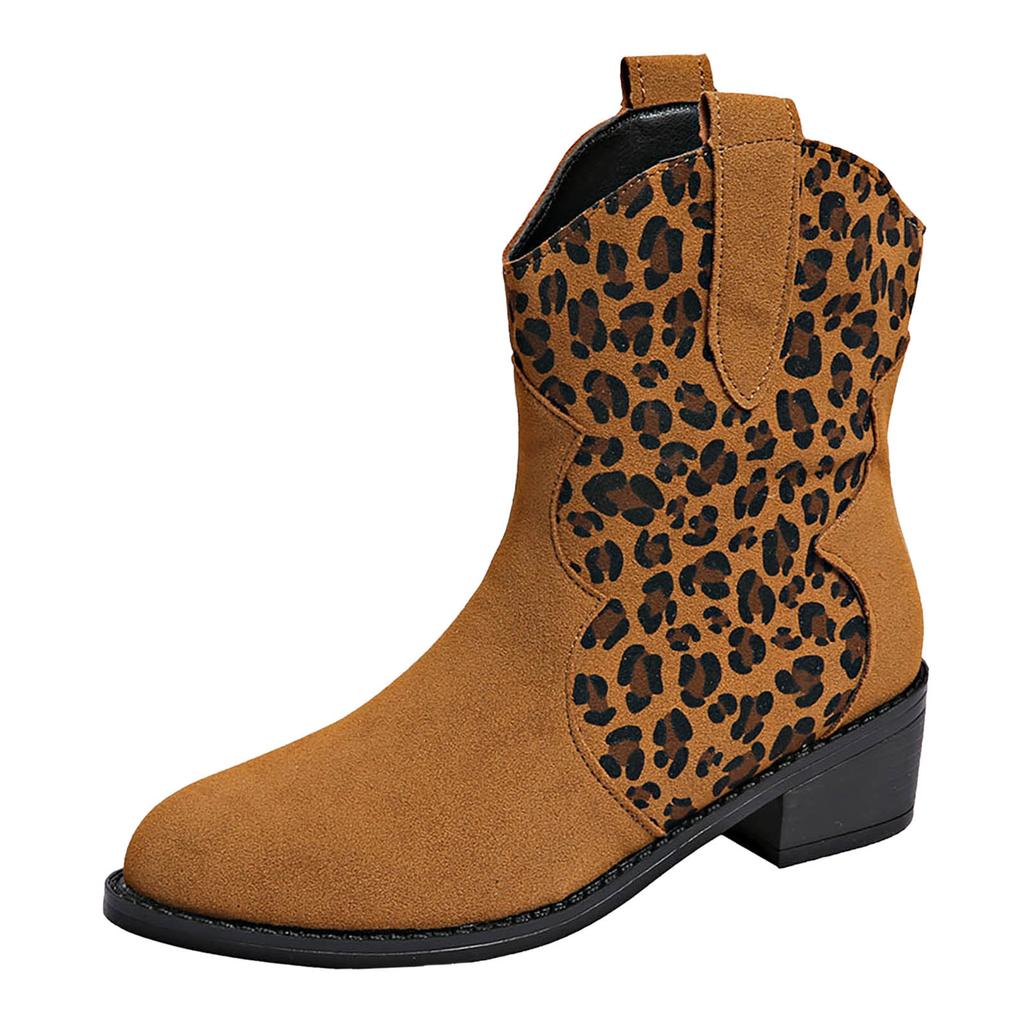 Tall Leather Boots For Women Low Heel Wide Calf Women'S Casual Fashion Middle Heel Leopard Chunky Heel Pointed Zapatos De Mujer