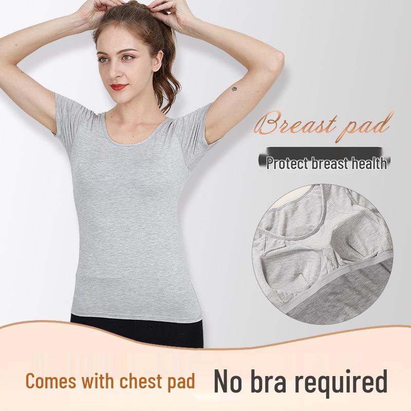 Women's Short-Sleeve Modal Tank with Chest Pad - No Bra Yoga Base Layer