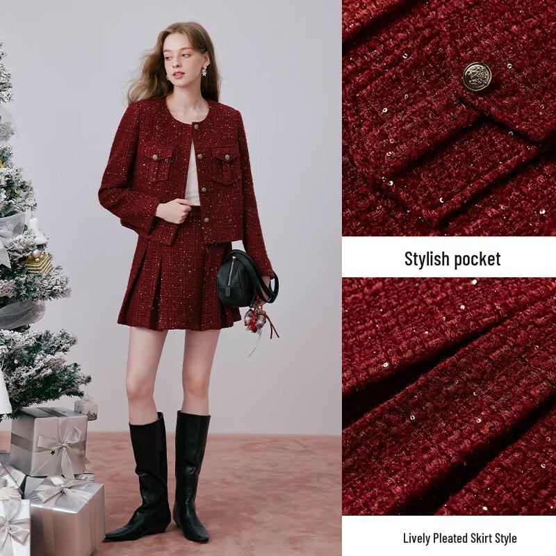 Xiangying Festive Red Tweed Two-Piece Suit