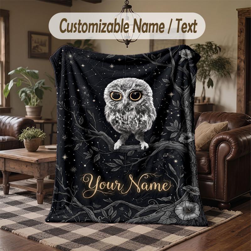 Night Owl Art Print Theme Throw Blanket Custom Name Text Personalized Blanket Soft Cozy Blanket for Home Sofa Bed