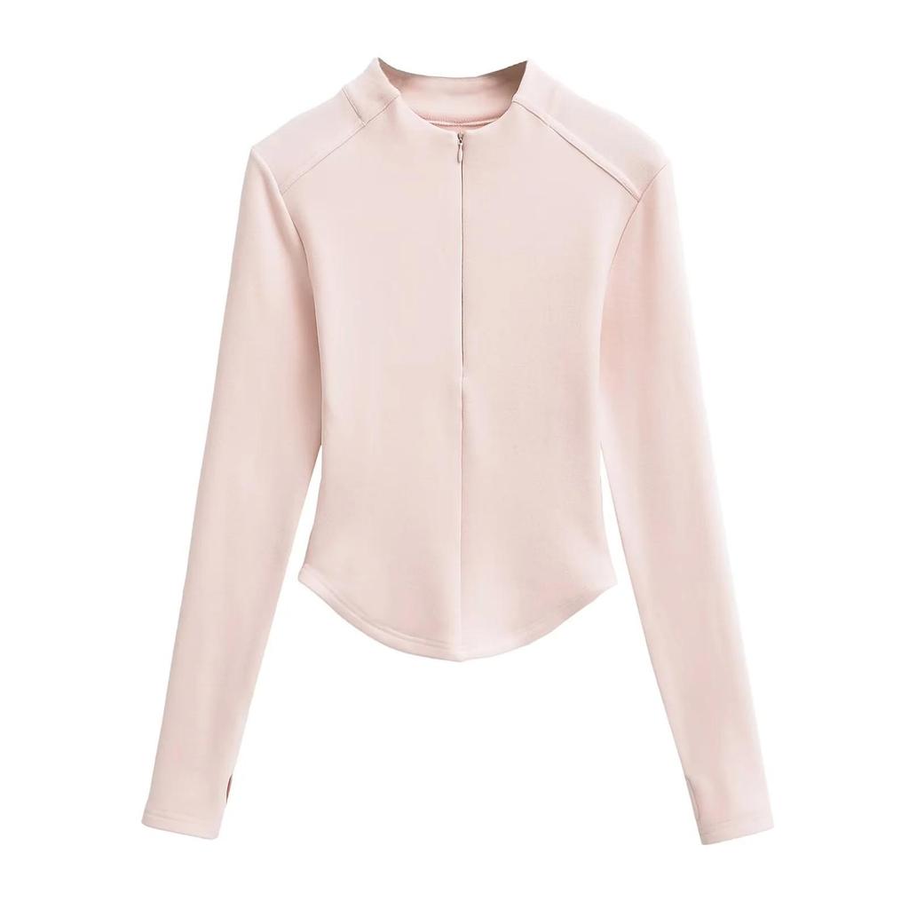 Spring 2025 Women's Small Waist Slimming Curved Velvet Half-Zip Long Sleeve T-shirt