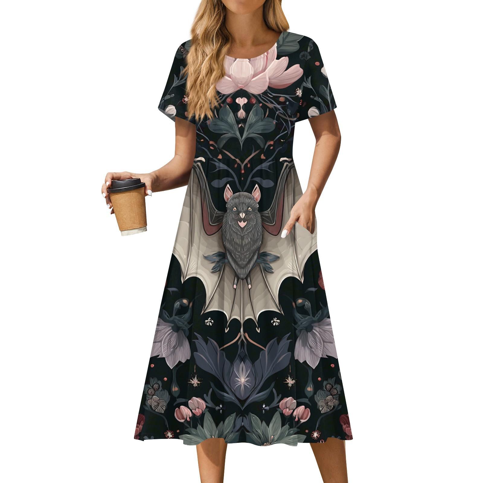 

Women s Casual Fashion Halloween Printed Short Sleeve Round Neck Dress XXL чорний
