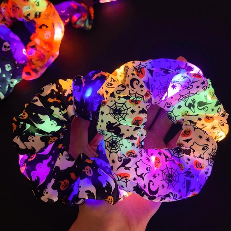 Glowing Pumpkin Hair Ties French Scrunchie Halloween Skull Pumpkin Bat Halloween Hair Style Tool Scrunchie