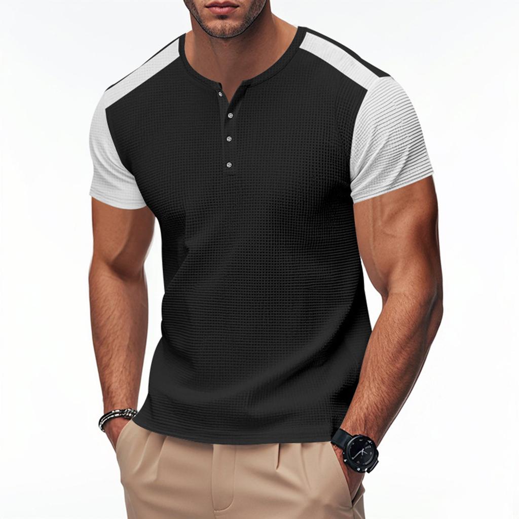Men's Round Neck Single-Breasted Color-Blocked Casual Sports Short-Sleeve Top