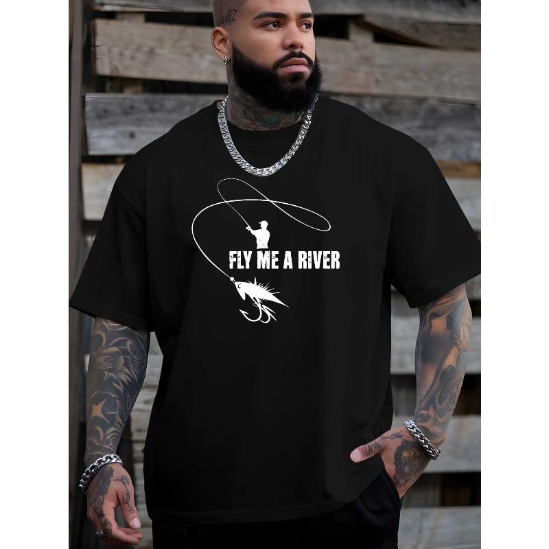 

Мужская футболка с графическим принтом Fly Me a River - Повседневная летняя футболка с дизайном для рыбалки, дышащая и удобная, свободный крой, круглый вырез 2XL чёрный