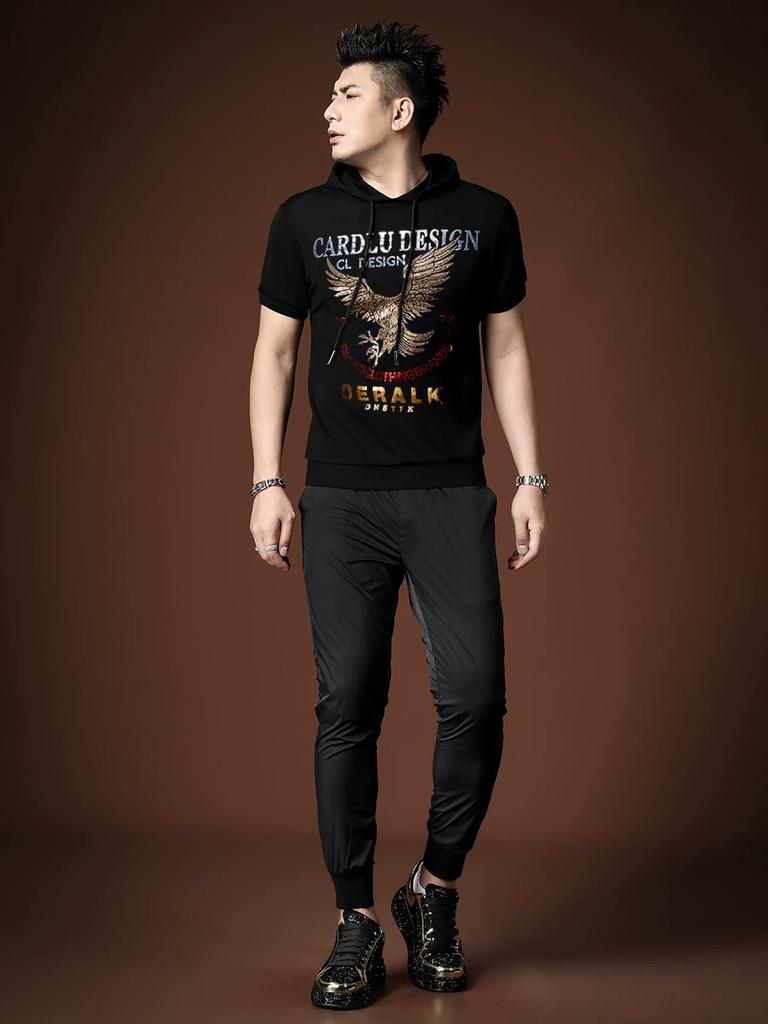 Ozhouzhan Men's Sports Hood Short sleeve T-shirt Summer New Eagle Laser Print Half Sleeve Hoodie Men's Clothing
