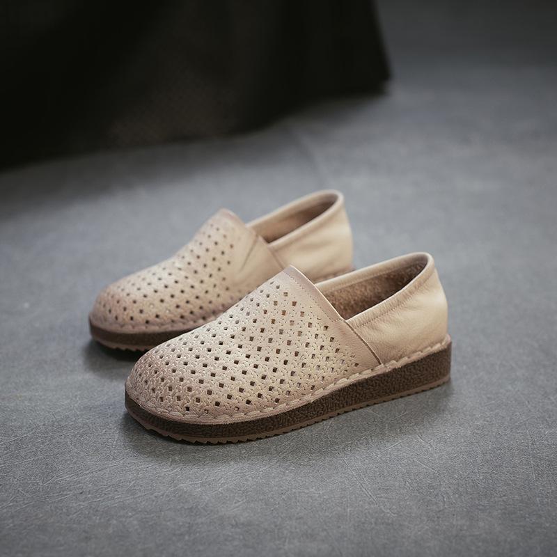 2026 Spring New Hollow Out Ventilated Slip On Soft Sole First Layer Cowhide Women Shoes