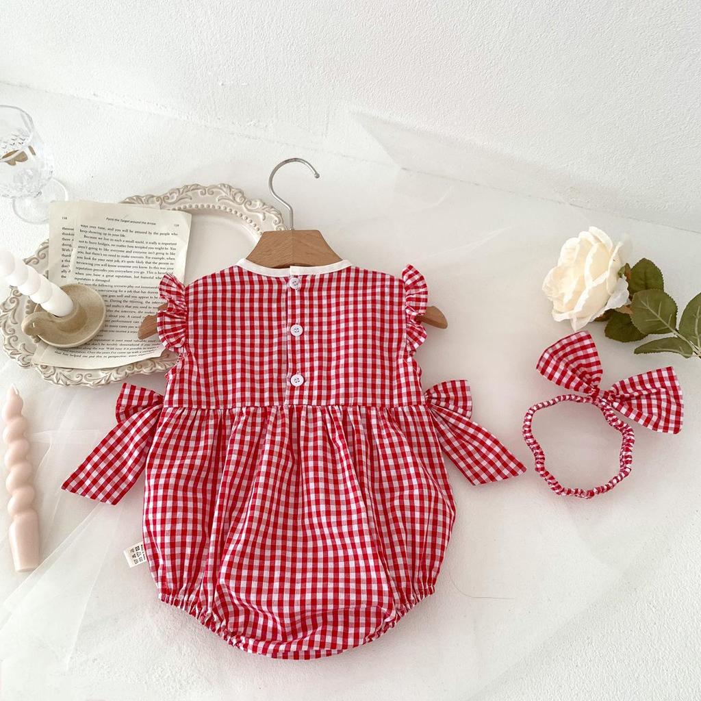 Red Check Lace Trim Sleeveless Baby Romper