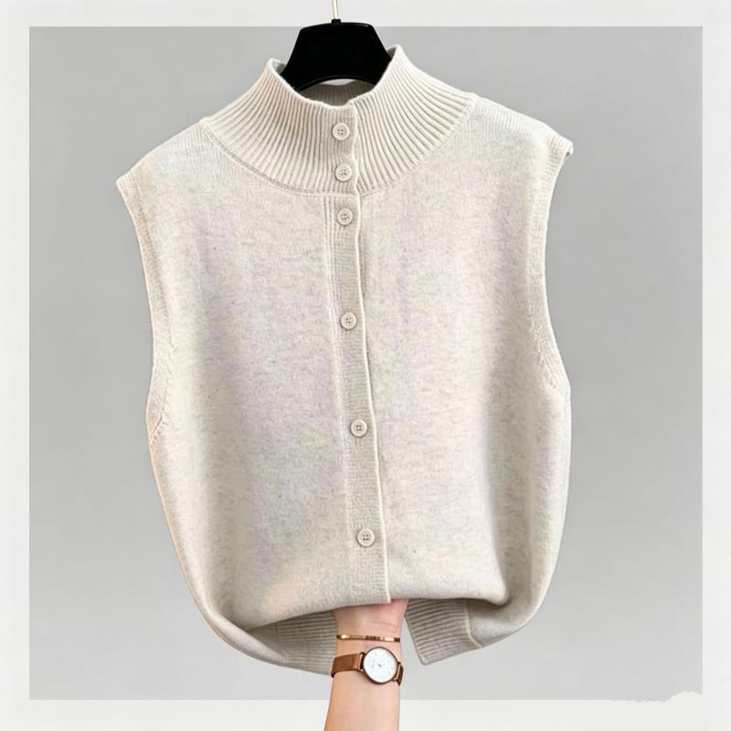 Womens Red Knitted Sleeveless Vest Mock Neck Button Closure Soft Warm For Daily Casual Office Layered Outfits