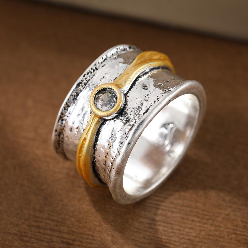 Retro Dual-Tone Copper Ring for Women with Creative Artificial Zirconia Wide-Face Ethnic Style Gift Ring
