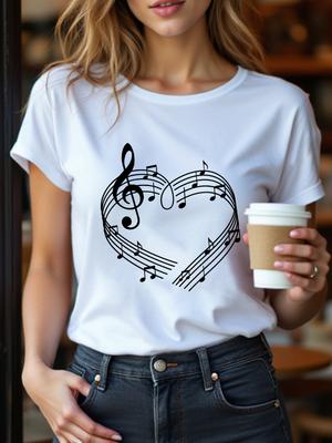 Women's Casual Sporty T-Shirt with Heart & Music Note Print - Crew Neck Short Sleeve Stretch Fabric Machine Washable