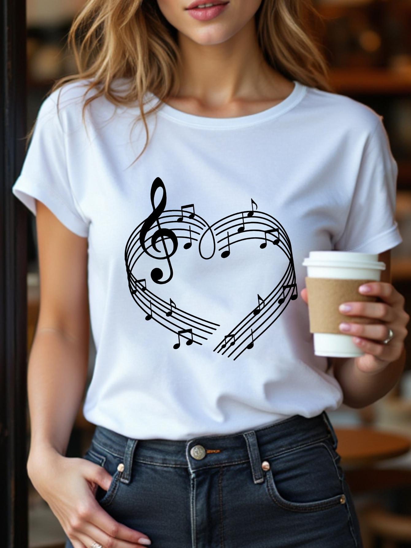 

Women s Casual Sporty T-Shirt with Heart & Music Note Print - Crew Neck Short Sleeve Stretch Fabric Machine Washable 4XL