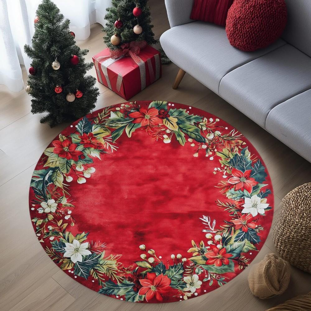 Christmas Poinsettia Floral Area Rugs Non-Slip Washable Round Carpet for Bedroom Living Room Round Rug Holiday Decor Floor Mat