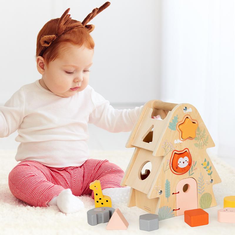 Montessori Wooden Toys Shape Pairing Tree House Shape Animal Cognitive Busy Box Toys for Kids Early Learning Sensory Toy