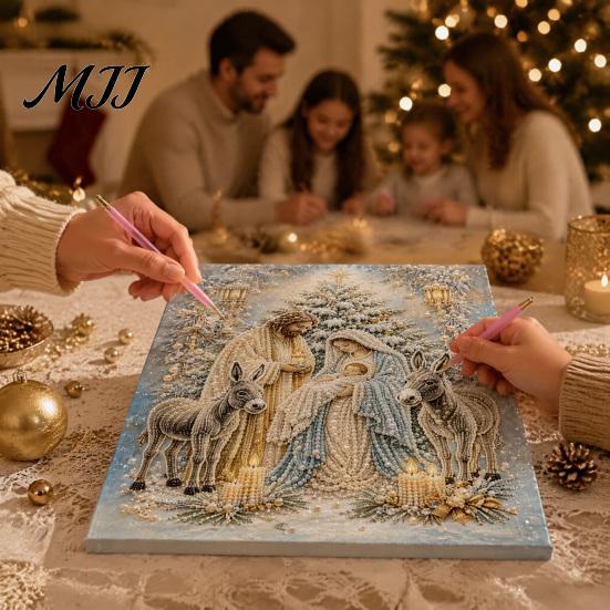 Nativity Craft for Adults Faux Pearl Art Kit, Holy Family Painting DIY Catholic Prayer Corner Decorations 3D Religious Set Adults, Home Christmas Wall