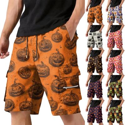 Mens Halloween Multi Pocket Drawstring Cargo Shorts with Pumpkin and Bat Print Casual Relaxed Fit Design