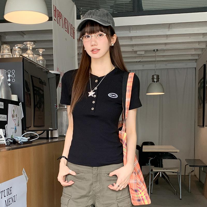 

Футболка с короткими рукавами и вышивкой на плече для женщин. Летняя, новая универсальная рубашка с однотонным воротником Henry Neck S чёрный