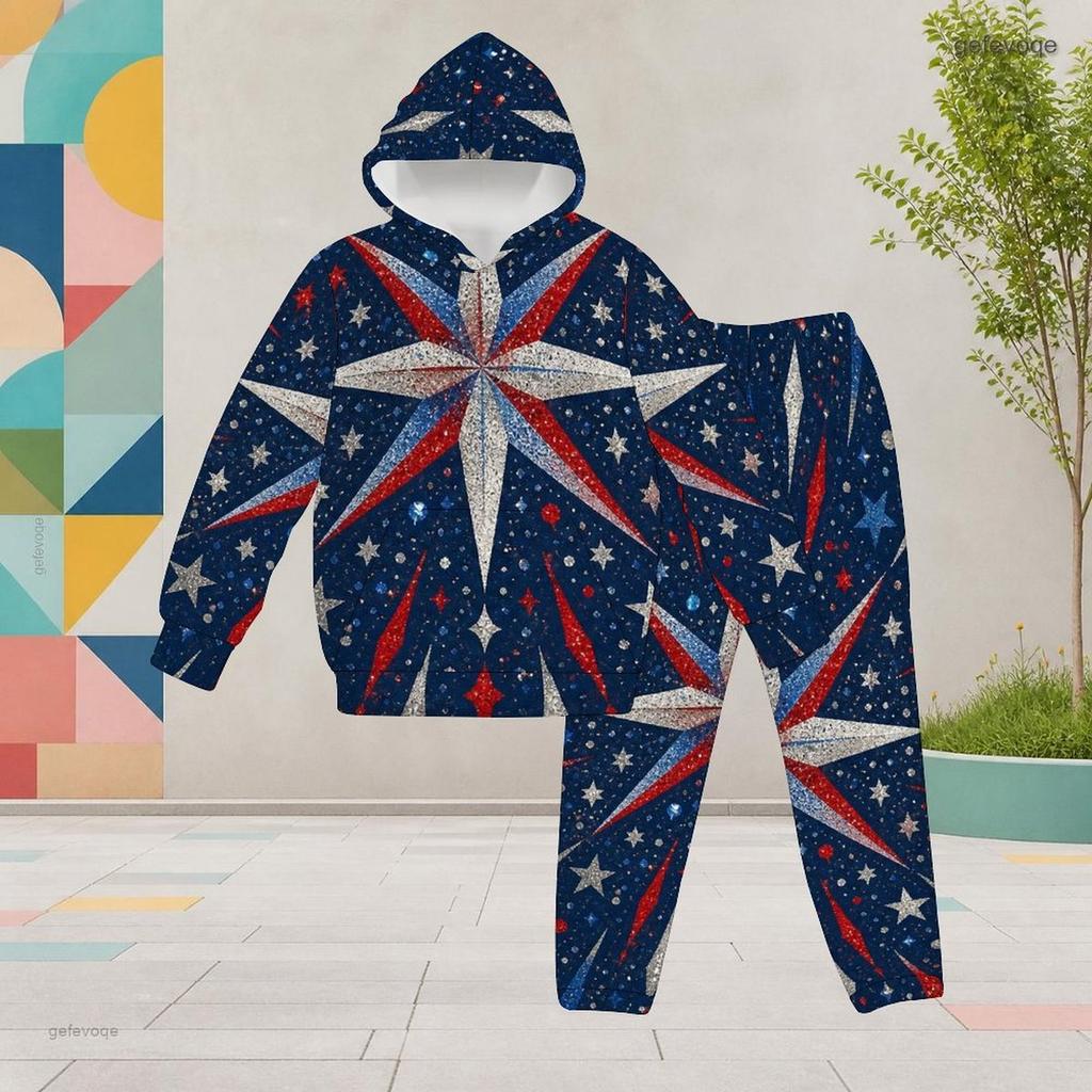 Girls White Printed Hooded Long Sleeve 2 Piece Outfit Kangaroo Pocket Cuffed Pants Set