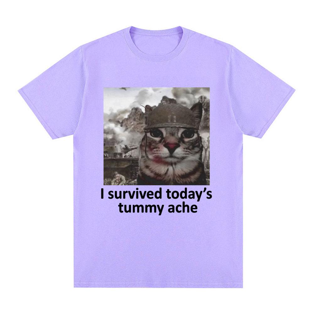 I Survived Today's Tummy Ache T-Shirt Funny Cat Meme Short Sleeve T Shirt Men Women Cotton Casual Oversized T Shirts Streetwear