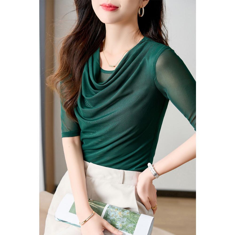 Summer Mesh Women T-shirt New 2025 Short-sleeved Stylish Solid Color Versatile Elegant Top