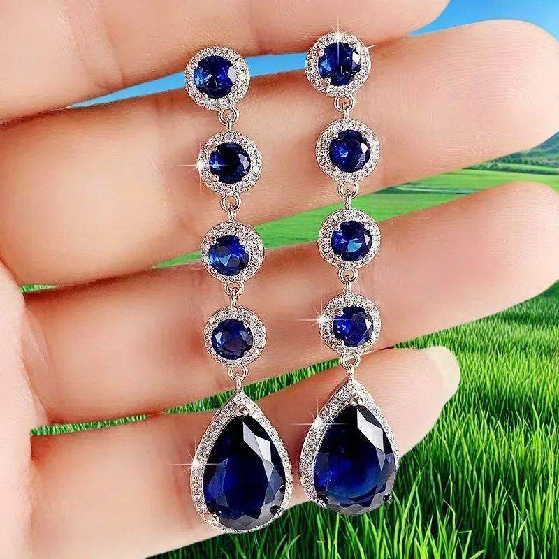 Royal Blue Zircon Oval Earrings Fashionable High-End Design Accessories for Banquets Personalized Simple Zircon